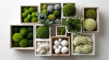 A collection of flat decorative blocks adorned with various types of moss and plants showcases a natural aesthetic and texture