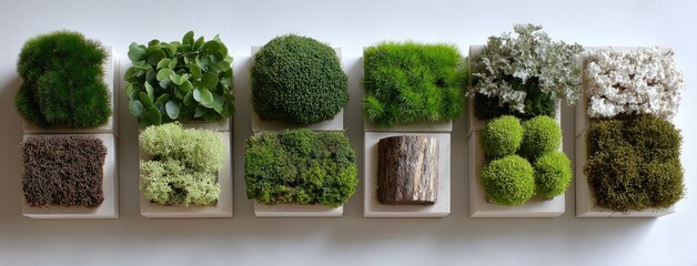 Fototapeta premium A collection of flat decorative blocks adorned with various types of moss and plants showcases a natural aesthetic and texture