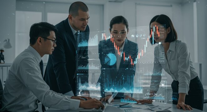 Four professionals analyze digital stock data charts in modern office