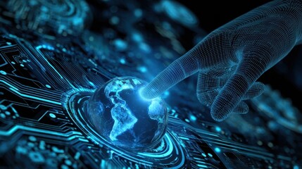 The digital world being touched by a futuristic hand in cyberspace.