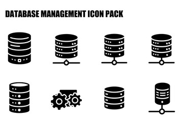 Database management icon pack with various configurations. Solid black icons depicting database servers in a networked arrangement and configuration, with gear icons representing database management.