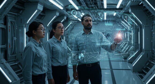 Futuristic team working on holographic interface in a spaceship-like corridor