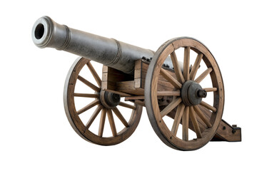 Antique military cannon with wooden wheels isolated on a white background