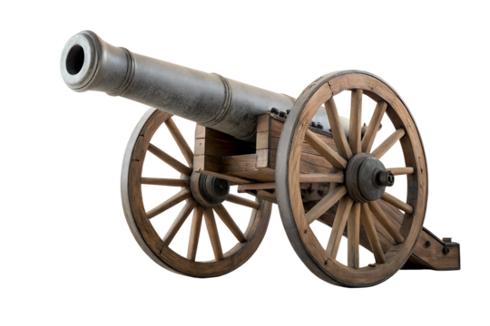 Antique military cannon with wooden wheels isolated on a white background