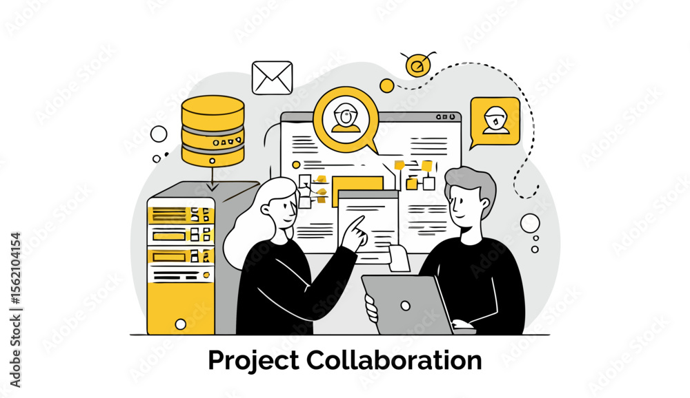 Poster project collaboration between two colleagues in a modern office setting. they are collaborating on a