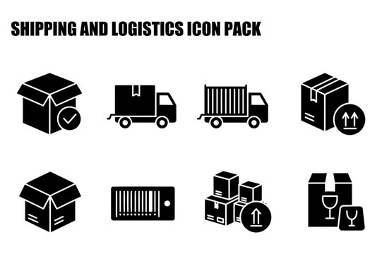 Shipping and logistics icon pack showing various delivery methods and processes. Simplified illustrations of boxes, trucks, and handling icons in a basic graphic style.