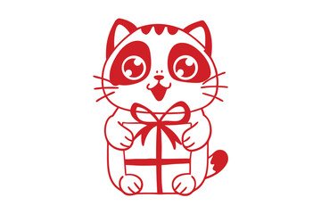 Cheerful red cat smiles while holding a wrapped gift in its paws happily