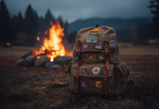 Girl Scout leader&rsquo;s backpack with patches on grassy field by campfire, Girl Scout Leader Day