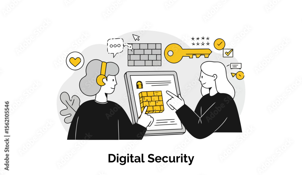 Poster digital security professionals collaborating on a tablet displaying cybersecurity information in mod