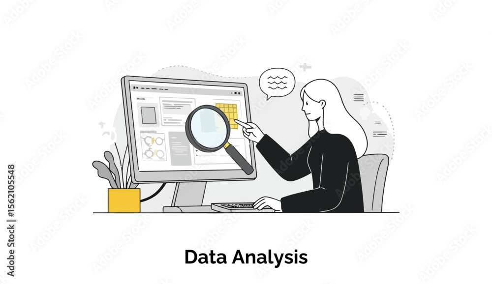 Poster a female professional in business attire examines data on a computer screen using a magnifying glass