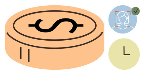 Orange coin with dollar sign, facial recognition approval, and clock icon representing secure transactions. Ideal for digital payment, fintech, security, time management, identification, finance