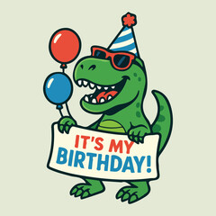Happy Birthday Dinosaur Graphic for Boys – Cute T-Rex with Party Hat and Balloons