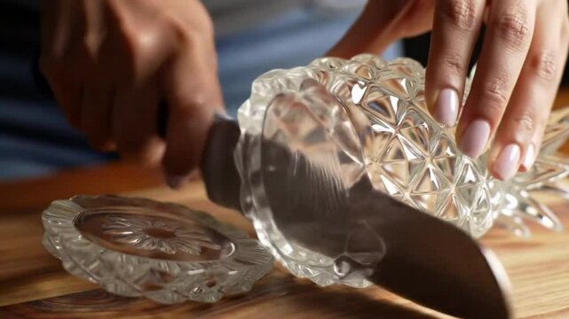 Close-up of hands carefully cutting a decorative glass pineapple centerpiece asmr