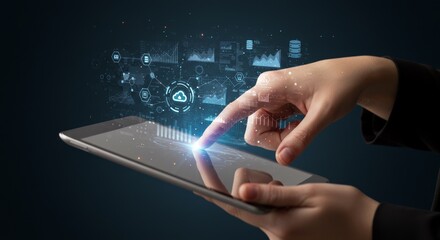 Hand interacting with a tablet displaying digital data visualizations