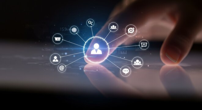 Hand interacting with digital interface, person icon at center, connected icons radiating outwards