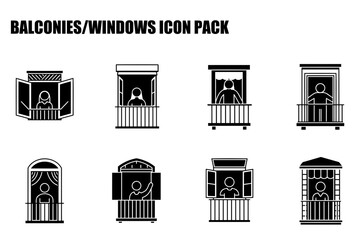 Balcony and window icon set with people, various styles
