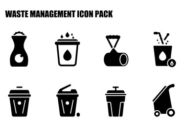 Waste management icons in a set, displaying various waste receptacles and disposal methods. Simple, clean line art illustrations for a guide or educational material.