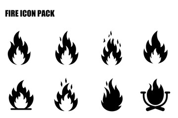Flat fire icons in various styles. Simple, stylized black icons of flames on a white background.