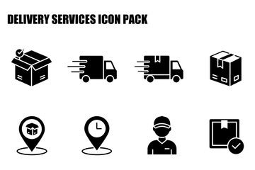 Delivery service icons with various elements in a simple, clean design. Flat vector graphics of a shipping box, delivery truck, location marker, delivery time, and delivery person in a uniform.