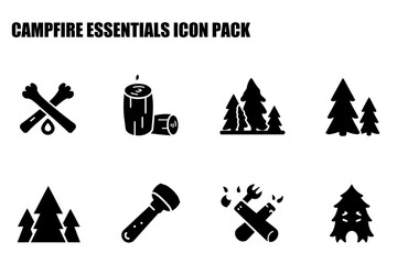 Campfire essentials icon pack showing firewood, trees, a lantern, and a campfire.