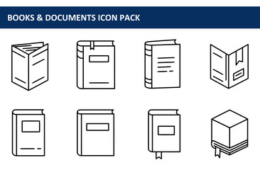 Books and documents icons in various orientations. Line art illustrations of open and closed books with bookmarks, presented in a simple, modern style.