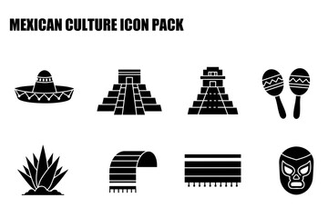 Mexican culture icon pack depicting various symbols, showcasing historical sites, clothing, and traditions. Silhouette representations of iconic symbols from Mexico.