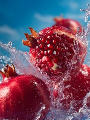 Pomegranates Splashing in Water with Vibrant Red Seeds Exposed