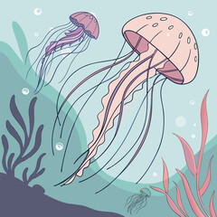 A vector illustration of a cheerful rainbow jellyfish with glowing tentacles, floating in a neon sea.