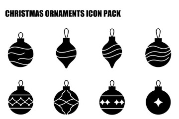 Christmas ornament icon pack featuring various shapes and patterns. Simple black and white designs of Christmas ornaments, suitable for decorative use.