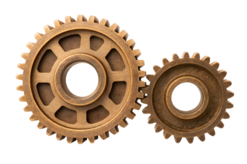 Close-up of metal gears and cogs isolated on a white background, symbolizing engineering and industrial mechanism