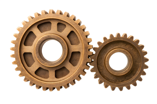 Close-up of metal gears and cogs isolated on a white background, symbolizing engineering and industrial mechanism