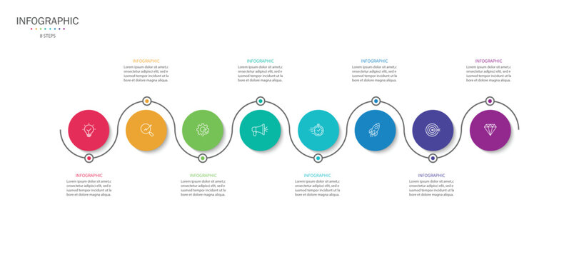 Business infographic template. 8 Step timeline journey. Process diagram, Infographic elements vector illustration.