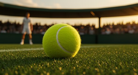 Close-Up Tennis Ball on Grass Court with Players in Background – Wimbledon Championship Moment