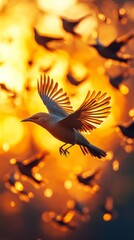 Obraz premium Silhouette of a bird on sunset background with spread wings. Suitable for articles about nature, travel and inspirational social media posts.