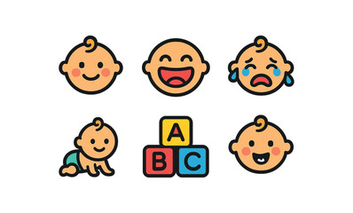 Baby emoji collection: happy, crying, crawling, and abc blocks vector icon isolated illustration