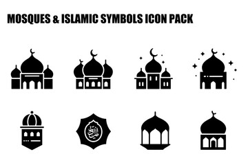 Fototapeta premium Mosque and Islamic Symbols Icon Set. Flat Design