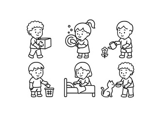 Outline illustrations of children doing chores and activities vector icon isolated illustration