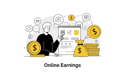 Obraz premium Young man in a black shirt demonstrates online earning opportunities with a computer screen, coins, and a money bag. Modern illustration of earning online with a focus on internet business.