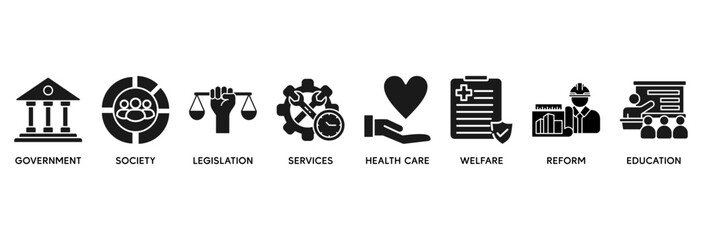 Social policy icon set vector illustration concept relate to government, society, legislation, services, health care, welfare, reform, education