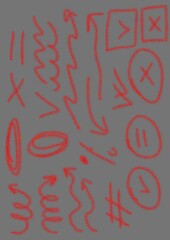 Abstract red doodles and symbols on grey background  