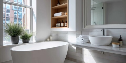 Fototapeta premium Modern bathroom with freestanding tub and minimalist decor in sunlit apartment