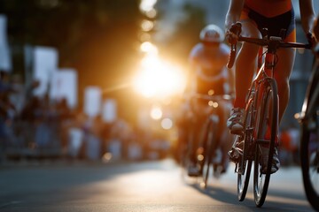 Cyclists racing at sunset in urban environment