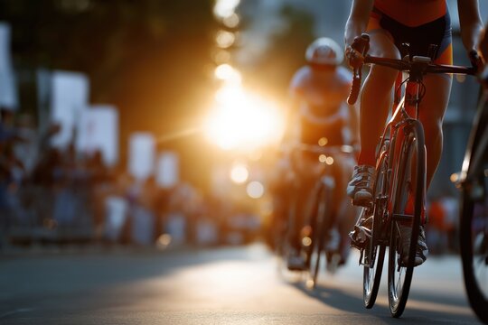 Cyclists racing at sunset in urban environment