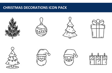 Christmas decoration icons in simple line art style. Cute illustrations of Christmas tree, ornament, gift, Santa Claus, and Christmas tree for a festive holiday design.