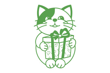 Cheerful line art cat happily holds a cute gift box wrapped with hearts