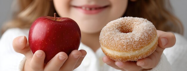 Child joyfully holds an apple in one hand and a doughnut in the other, promoting healthy eating habits in a cozy kitchen setting