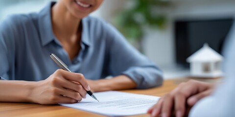 Young caucasian businesswoman signing contract in office setting