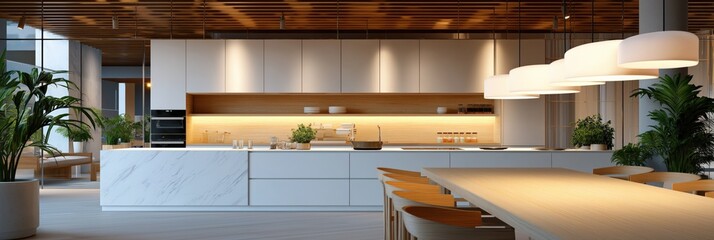Modern open-plan kitchen with white cabinets, marble island, wooden accents, and pendant lighting
