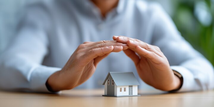 Caucasian male protecting small house model with hands in protective gesture