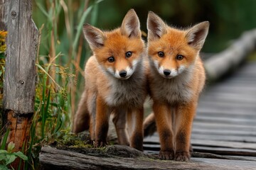 Fototapeta premium Adorable Fox Kits on Wooden Bridge